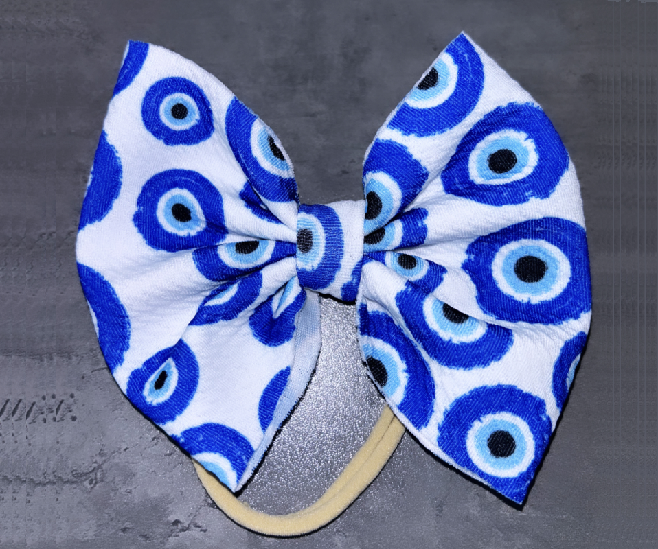 BLUE EVIL EYE NYLON HEADBAND BOW