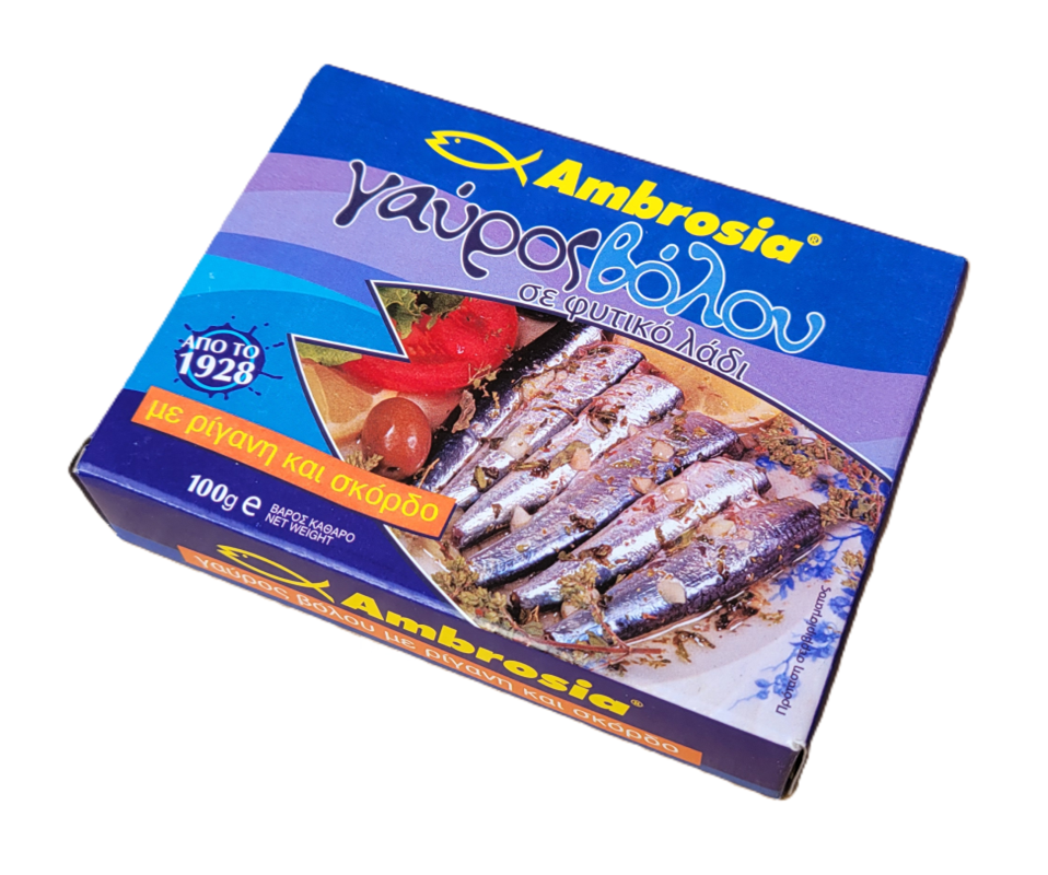 AMBROSIA ANCHOVIES WITH OREGANO & GARLIC IN VEGETABLE OIL (GAVROS) 100g